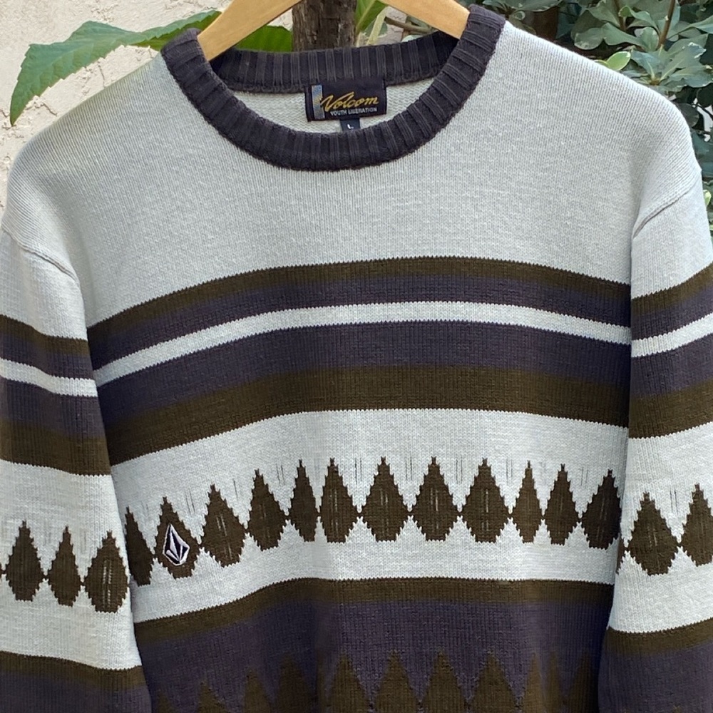 Volcom Crewneck Sweater in Light Gray, Dark Brown & Navy Stripes